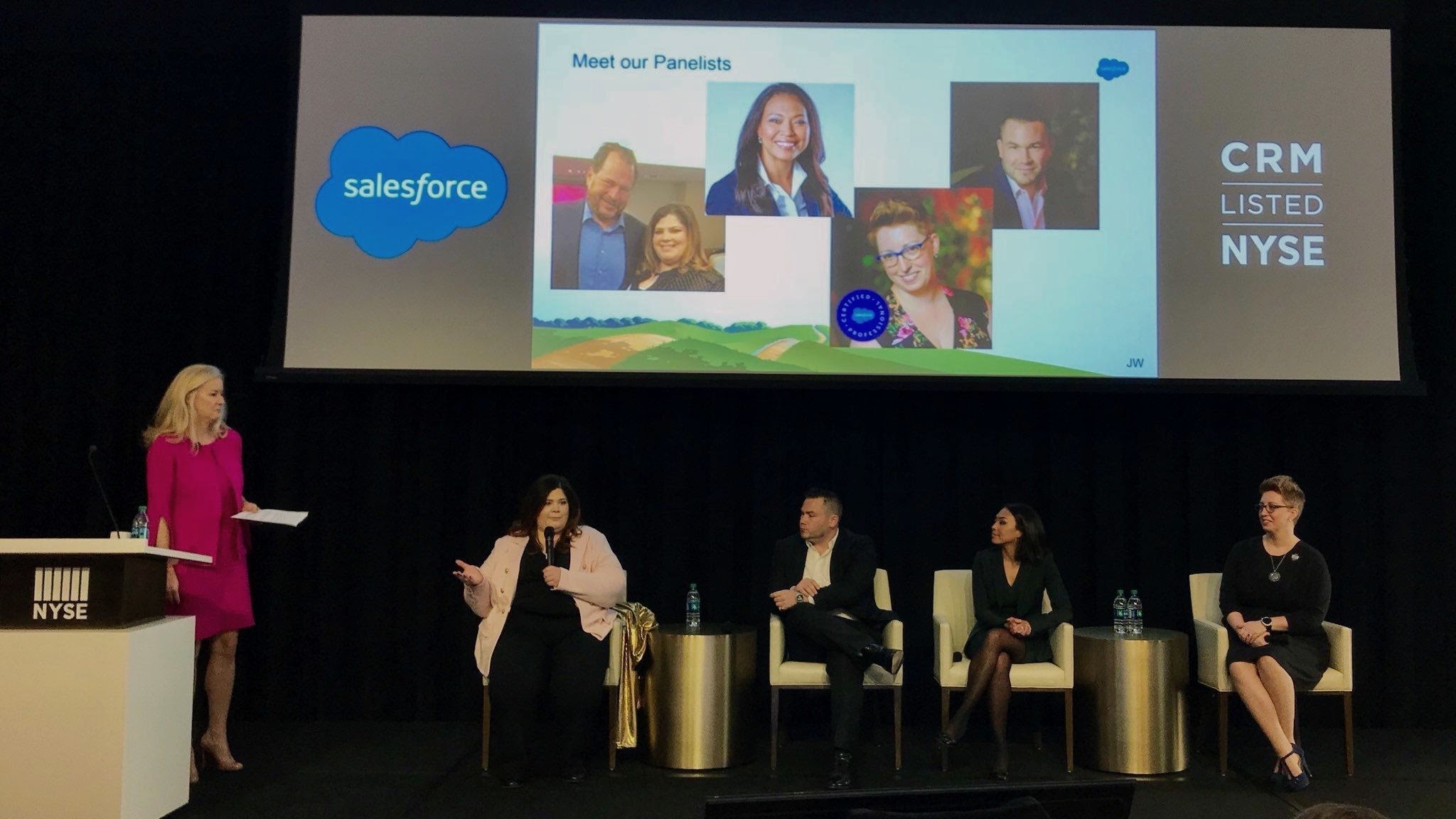 Forcery founder Tigh Loughhead presenting on a New York Stock Exchange panel to Salesforce Leadership with Cheryl Feldman, Carrie Mantione and Sandi Zellner